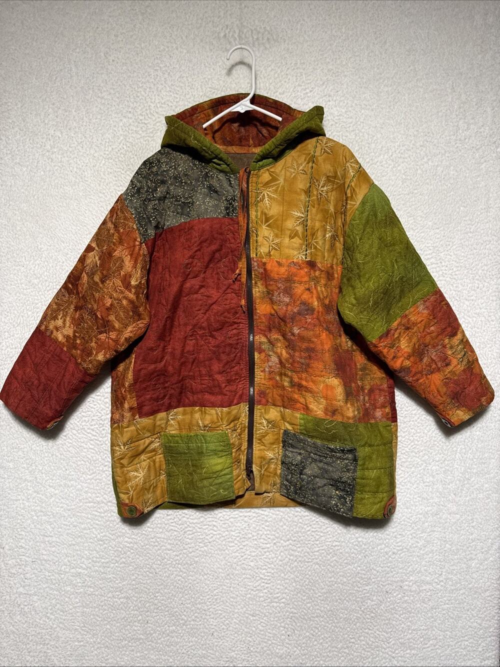 Boho Handmade Patchwork Quilted Cotton Jacket With Pockets Hood Women’s XL